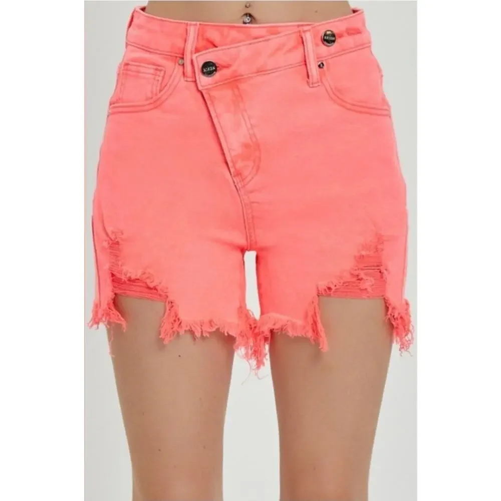 Women's Coral Distressed Denim Shorts - Picture 1 of 8